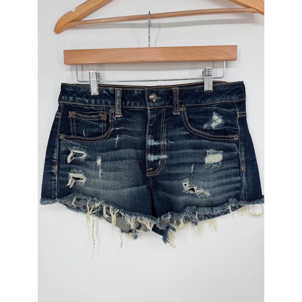 American Eagle Hi-Rise Festival Shorts 6 Dark Wash Distressed Boho Y2K Aesthetic